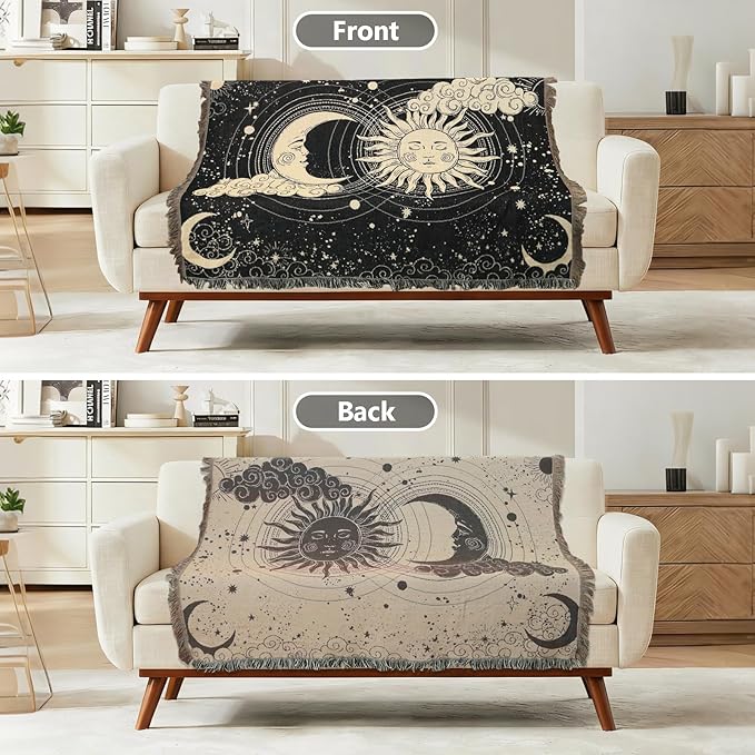 Boho Throw Blanket Reversible Cotton Bohemian Tapestry Hippie Room Decor Outdoor Blanket Double Sided (Sun Moon 50"x60")