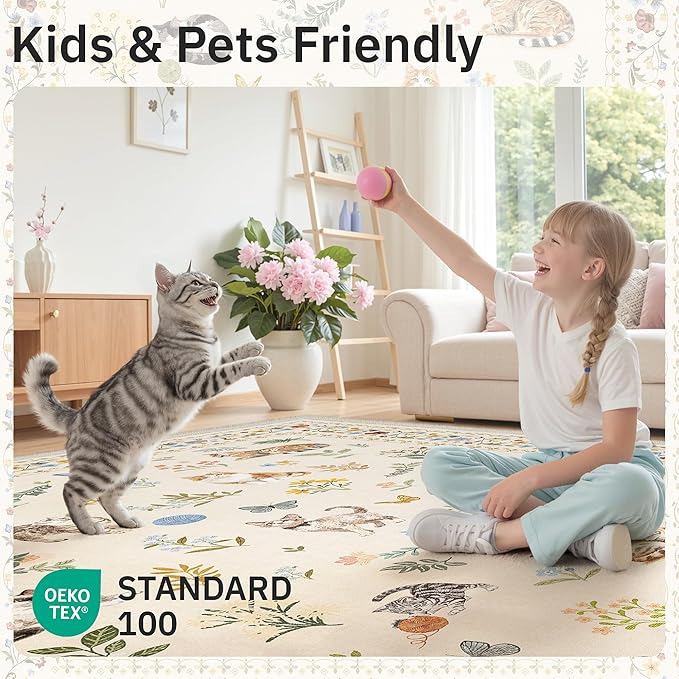 Soalmost Cat 8x10 Area Rugs for Living Room, Machine Washable Animal Floral Vintage Rug Non-Slip Low Pile Soft Throw Large Rugs for Classroom Bedroom Dining Room Nursery Playroom (8 x 10,Beige)