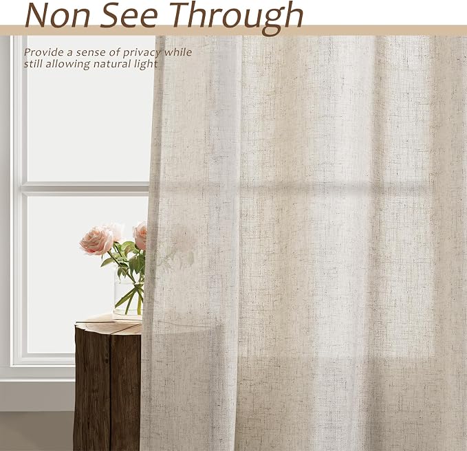 Aersas Beige Extra Long Faux Linen 132 Inch Length Curtains Luxury Privacy Light Filtering Ceiling High Window Drapes Back Tab Rod Pocket Semi Sheer Vintage Curtain 2 Panels for Living Room 52x132