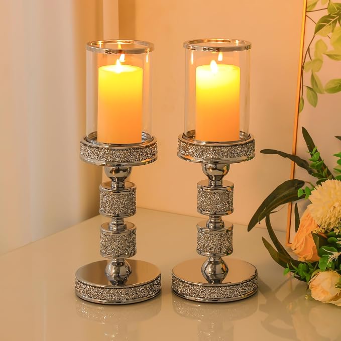 Hurricane Candle Holder, 13.5" Tall Metal Candle Stand, Glass Pillar Candle Holders, Crystal Silver Decorative Centerpieces for Table, Wedding and Dining Room (Fits Candles up to 3"x5", 2pcs, M)