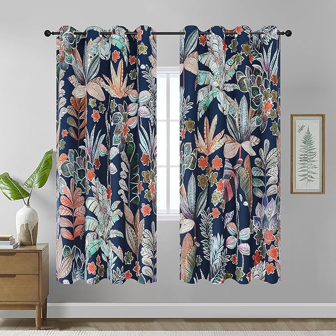 Estelar Textiler Room Darkening Blackout Curtains 72 Inch Long, Insulated Window Drapes for Living Room, Navy Blue Leaves and Petals Pattern Design Energy Saving Bedroom Decor,52x72 Inch, 2 Panels