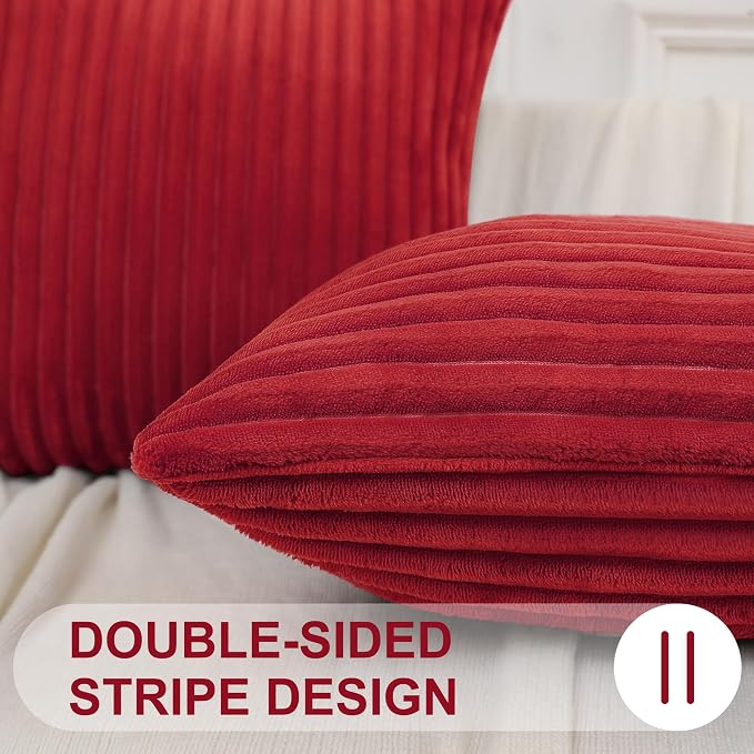 Simmore Decorative Fall Throw Pillow Covers 18x18 Set of 2, Soft Natural Plush Flannel Double-Sided Fluffy Couch Pillow Covers for Sofa Living Room, Red