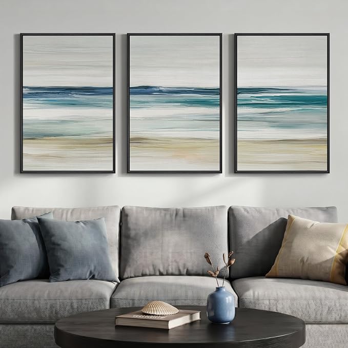 Framed Abstract Coastal Wall Art for Living Room, 3 Piece Blue Beach Landscape Canvas Artwork for Walls, Large Minimalist Ocean Seascape Painting Prints for Bedroom Hallway Wall Art Decor, 20x30 Inch