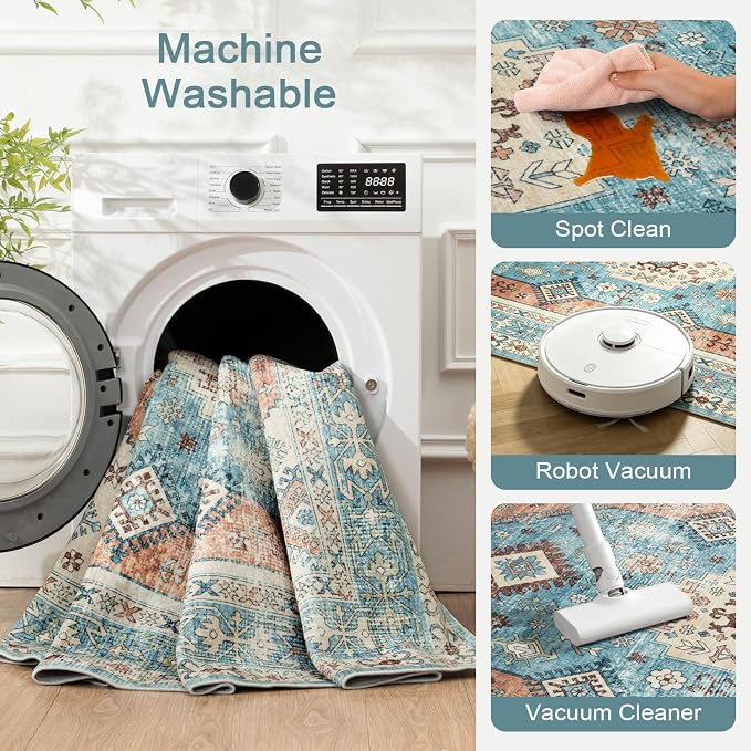 Lofus Vintage Living Room Rugs 8x10, Soft Machine Washable Area Rug for Bedroom Indoor Floor Home Office House Decor, Oriental Traditional Distressed Farmhouse Carpet, Boho Terracotta and Blue