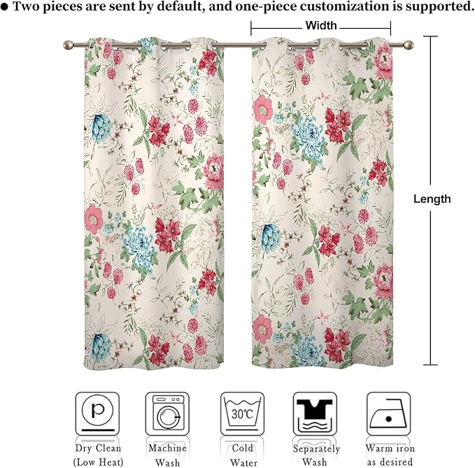 Renaiss Boho Flower Blackout Curtains Wild Blue Pink Floral Thermal Insulated Window Drapes for Bedroom 53W x 63L inches 2 Panel Set Beige Window Curtain Panels for Kitchen