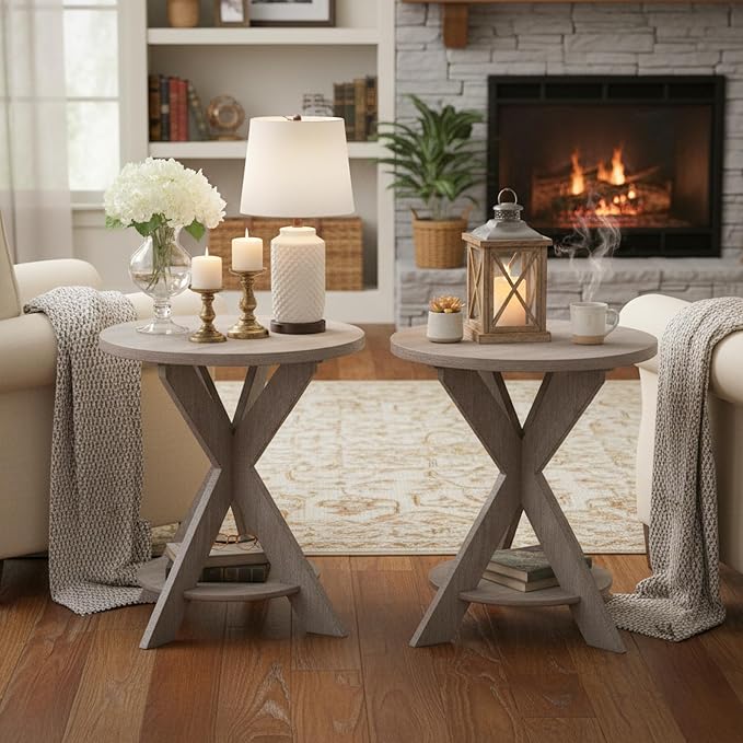 Set of 2 Farmhouse Cross Leg end Table, French Country Accent Side Table for Family, Dinning or Living Room, Small Spaces, Modern, Round, Vintage Grey Finish. (2 Pack)