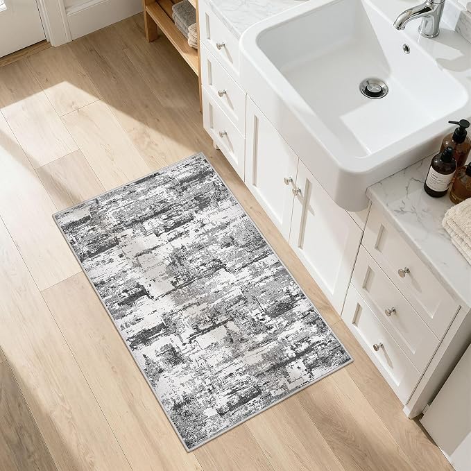Washable Area Rugs: 2x3 Abstract Modern Soft Stain Resistant Non-Slip Backing for Living Room Entryway Bedroom Nursery - Black Grey