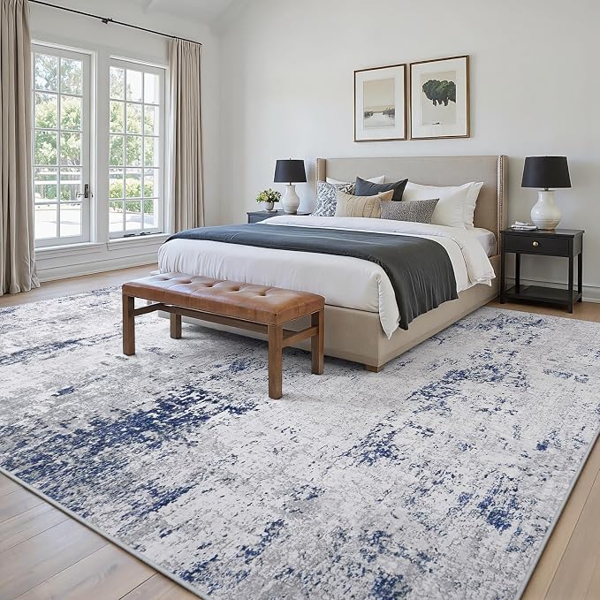Area Rugs 8x10 Living Room: Large Modern Abstract Washable Rug Soft Anti-Skid Non-Shedding Carpet Indoor Floor Thin Carpets for Bedroom Dining Room Farmhouse Nursery Home Office Night Blue Grey