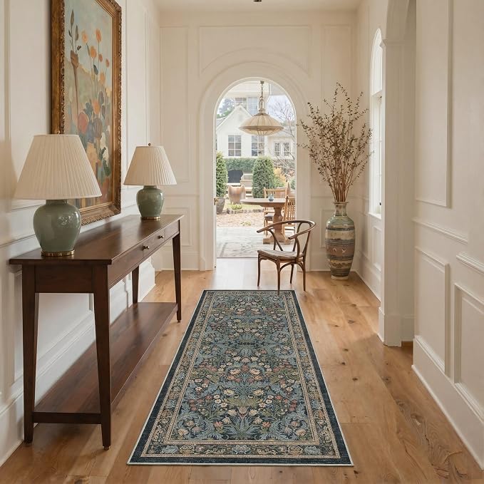GENIMO 2x5 Washable Kitchen Runner Rug, Non Slip Hallway Mat, Center Blue | Vintage Boho Floral Low Pile Thin Mat for Entryway, Kitchen, Bedroom, Indoor Decor