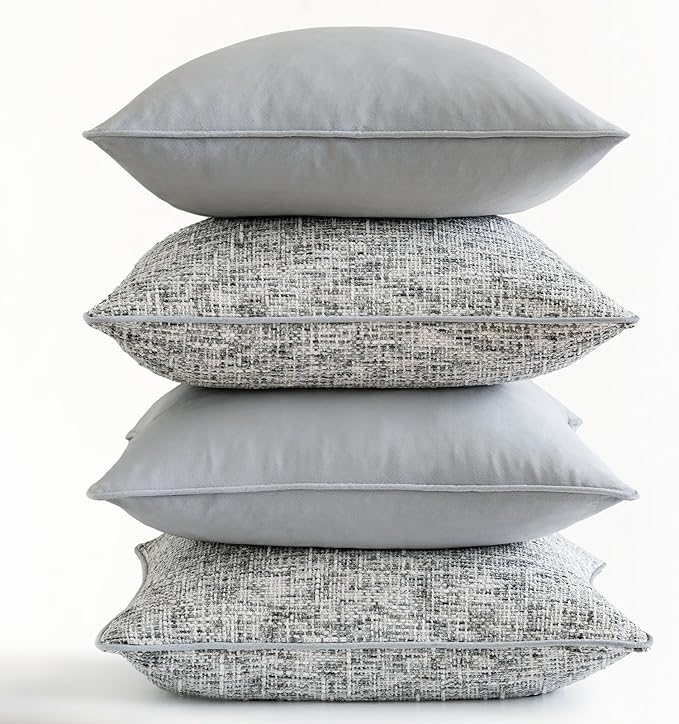 a moment Grey 4 Pack Throw Pillow Covers - Chenille & Velvet Set with Piping, Farmhouse Textured Design Pillow Cases for Couch Sofa Bed Livingroom (18x18 Inch, No Insert)