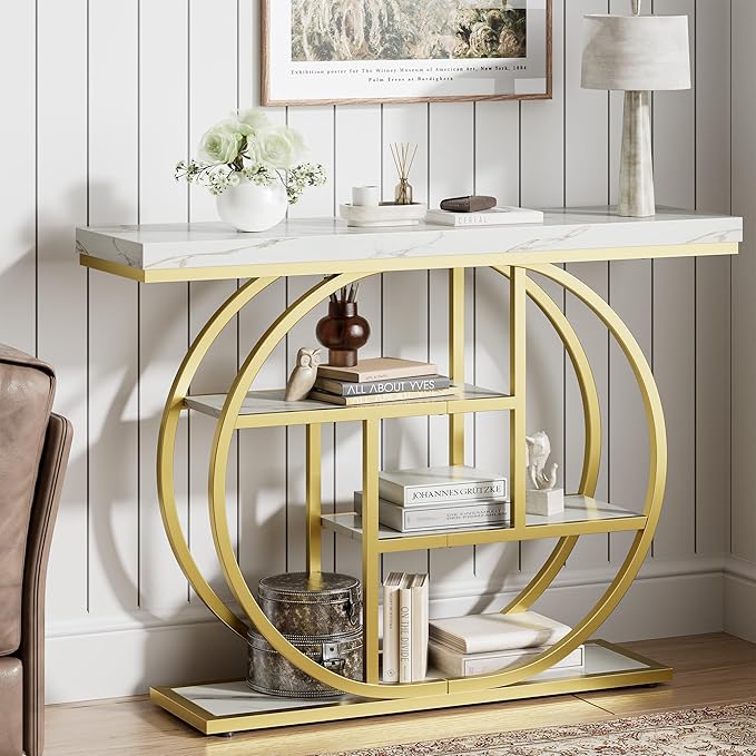 41.3" Console Table, Modern Sofa Table with Circle Base, 4-Tier Narrow Entryway Table for Hallway, Slim Industrial Accent Table with Storage Shelves for Living Room, White & Gold
