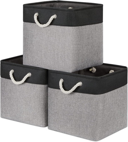 Bidtakay Fabric Cube Storage Bins for Organizing 13x13 Large Storage Baskets Decorative Storage Bins for Home Storage Set of 3 Shelf Organizer Bins for Toy Storage (Black&grey)