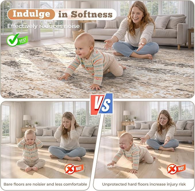 8x10 Area Rugs for Living Room: Washable Abstract Neutral Rug Large Modern Soft Non Slip Low Pile Rugs Floor Indoor Stain Resistant Carpet for Bedroom Dining Room Home Office (Light Brown, 8'x10')