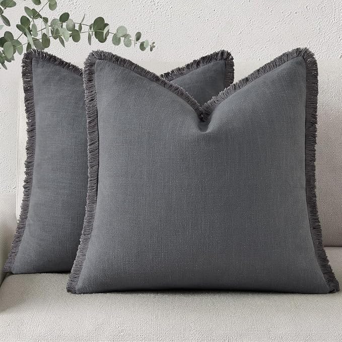 decorUhome Linen Fringe Euro Sham Throw Pillow Covers Set of 2 Decorative Dark Grey Pillow Covers with Tassels Soft Accent Boho Farmhouse Pillow Cases for Couch Bed Sofa 24x24 Inch