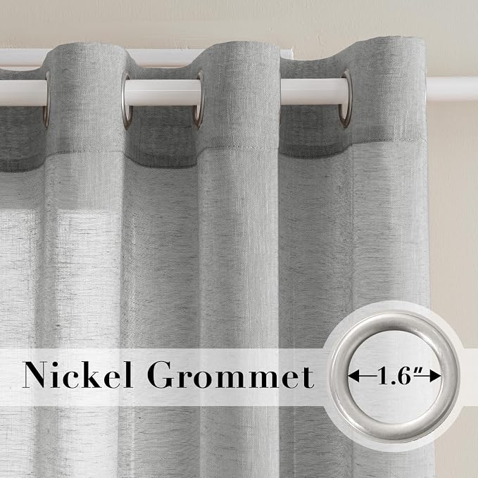 H.VERSAILTEX Linen Curtains Flax Linen Blended Curtain Panels for Living Room/Bedroom Semi Sheer Privacy Curtains 63 inch Length 2 Panels Set Nickel Grommet Window Drapes, Grey