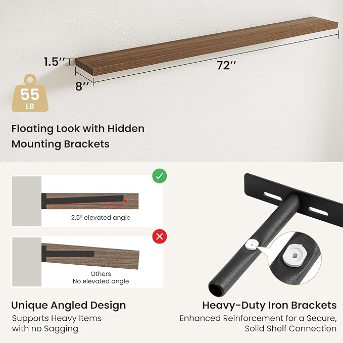 Fun Memories Floating Shelves for Wall, 72 Inch Long Set of 2 Rustic Wood Wall Shelves with Invisible Brackets, Heavy Duty Storage Display for Living Room Bedroom Kitchen, Walnut