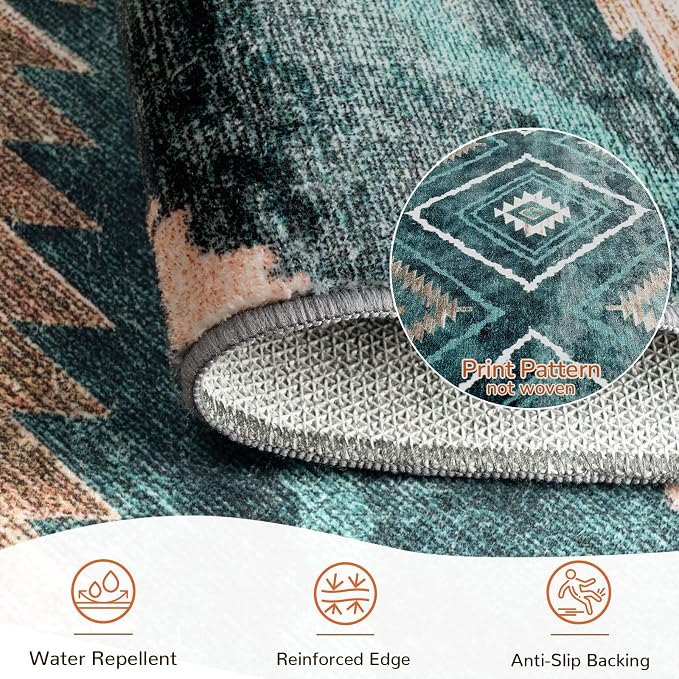 BESTSWEETIE Area Rug 2x6 Rug Machine Washable Non-Slip Low Pile Print Pattern Western Rug for Living Room Bedroom Entryway Tribal Series -Teal/Green