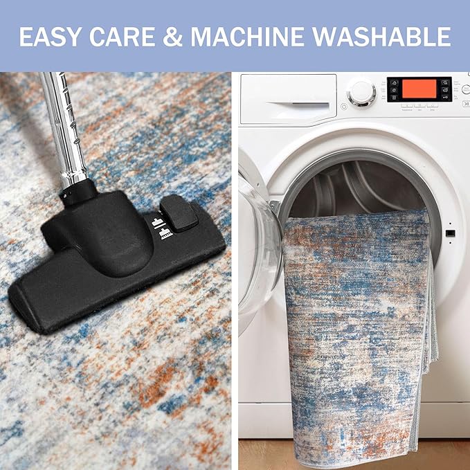 IOHOUZE Abstract Area Rug 4x6 Ft Washable Rugs for Entryway Indoor, Non Slip Small Living Room Rugs Printed Faux Wool Throw Rug, Floor Carpet for Kitchen Nursery Playroom, Blue Rust