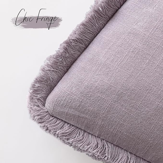 Foindtower Set of 2 Decorative Linen Fringe Throw Pillow Covers Cozy Boho Farmhouse Cushion Cover with Tassels Soft Accent Pillowcase for Couch Sofa Bed Living Room Home Decor,20×20 Inch,Light Purple