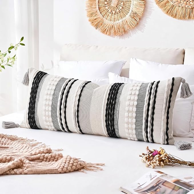 NUYECY Chenille and Cotton Long Pillow for Bed, Striped Textured Boho Lumbar Throw Pillow Cover 14x36, Neutral Accent Decorative Extra Long Body Pillow Case for Couch, Sofa, Bedroom, Black and White