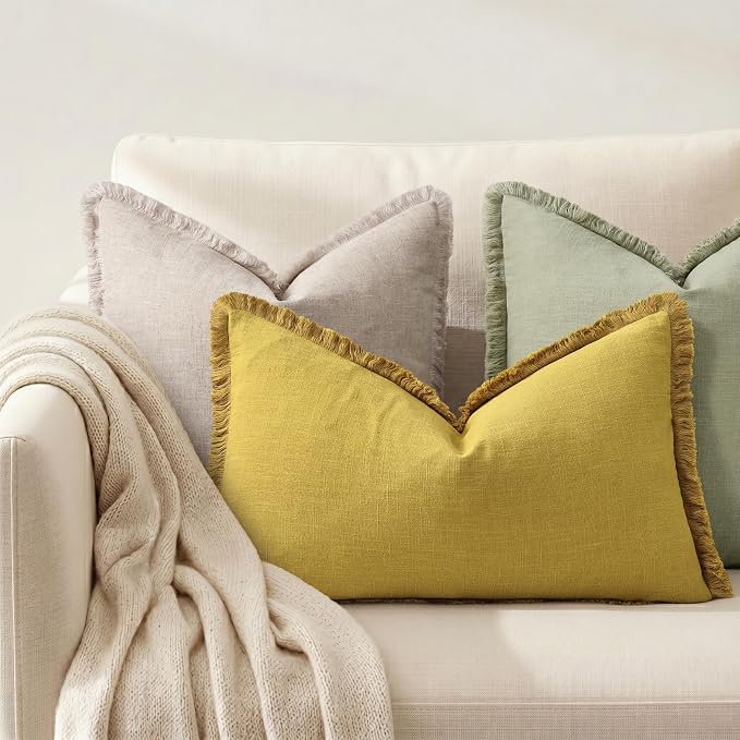 decorUhome Linen Fringe Lumbar Throw Pillow Covers Set of 2 Decorative Mustard Yellow Pillow Covers with Tassels Soft Accent Boho Farmhouse Pillow Cases for Couch Bed Sofa 12x20 Inch