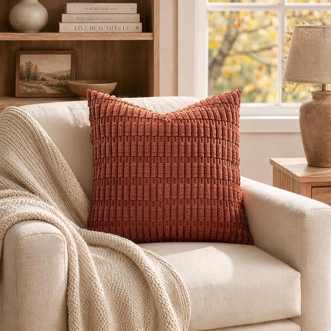 MIULEE Fall Pack of 2 Rust Corduroy Decorative Euro Sham Pillow Covers 22x22 Inch Soft Boho Striped Throw Pillow Covers Modern Farmhouse Home Decor for Sofa Living Room Couch Bed