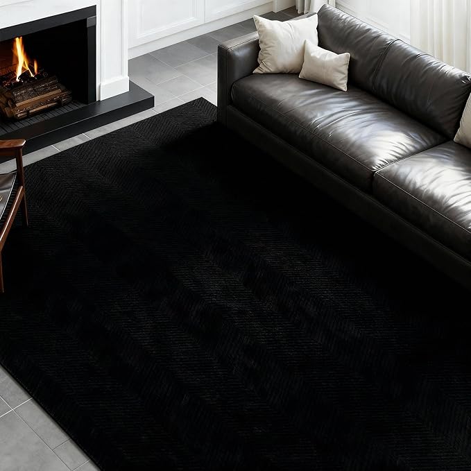 Area Rug for Living Room - 6x9 Soft Faux Rabbit Fur Modern Geometric Wave Carpet for Bedroom, Black