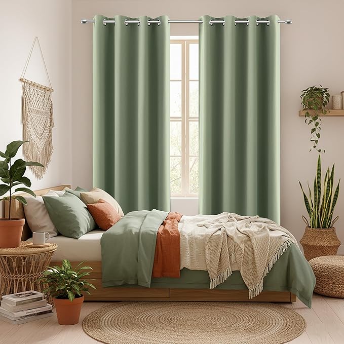 KOUFALL Blackout Curtains 63 Inch Long for Bedroom,Cute Boho Light Green Sage Black Out Room Darkening Thermal Curtain Drapes for Living Room 2 Panels Set Winter Insulated
