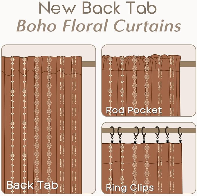 Floral Patterned Sheer Curtains 72 Inches Long,Farmhouse Boho Window Curtain Drapes 72 Inch Length 2 Panels Set for Living Room Bedroom,Terracotta