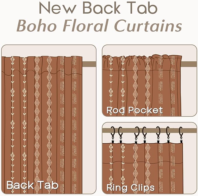 Boho Curtain for Living Room, Back Tab Linen Sheer Curtains for Bedroom,90 Inches Long Terracotta