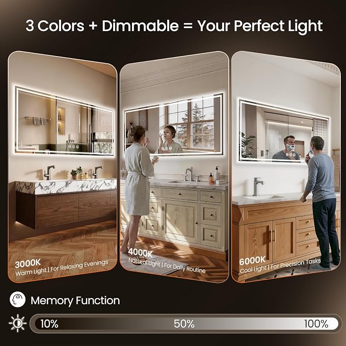72X36 LED Bathroom Mirror with Lights, Anti-Fog, Backlit + Front Lit, Lighted Bathroom Vanity Mirror for Wall, Memory Function, Dimmable, Tempered Glass, Shatter-Proof