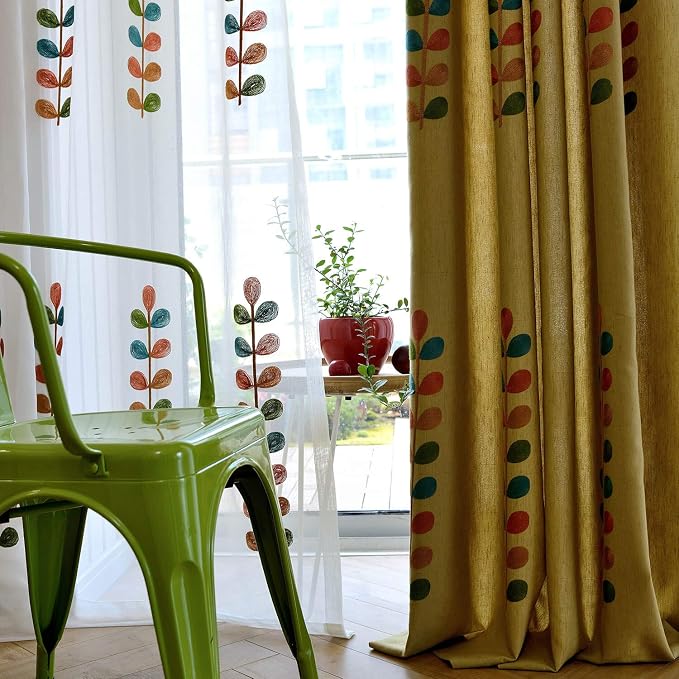 VOGOL Colorful Leaf Embroidered Curtains, Linen Textured Grommet Drapes for Living Room Bedroom Large Windows, Light Filtering Curtain for Dining Room, 2 Panels, 60 x 106 Inches