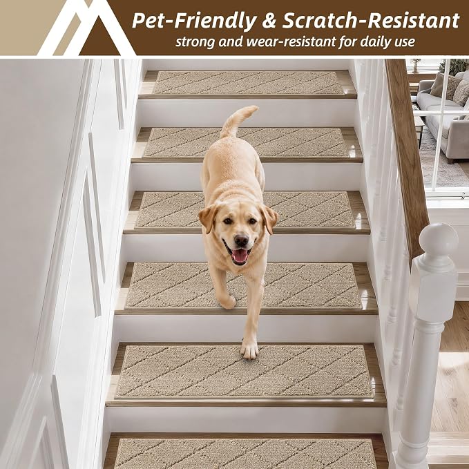 COSY HOMEER Edging Stair Treads Non-Slip Carpet Mat 28inX9in Indoor Stair Runners for Wooden Steps, Edging Stair Rugs for Kids and Dogs, 100% Polyester TPE Backing(4pc, Beige)
