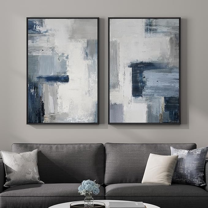Large Framed Blue Gray Abstract Wall Art Set of 2, Modern Canvas Artwork for Living Room Walls, Minimalist Cool Tone Print Paintings for Bedroom Hallway Home Office Dining Room Wall Decor, 24x36 Inch
