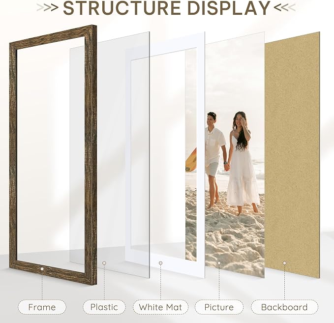 Picrit 28x40 Picture Frame 3 Pack, Wooden Brown Rustic Poster Frame, Display Poster 24 x 36 with Mat or 28 x 40 without Mat for Horizontal or Vertical Wall Mounting