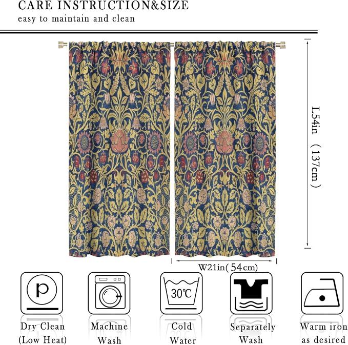 Retro Bohemian William Morris Plant Floral Blackout Window Curtains, Abstract Vintage Country Floral Leaf Pattern Print Window Drapes, for Bedroom Living Room 21(W)*54(L) 2 Panels