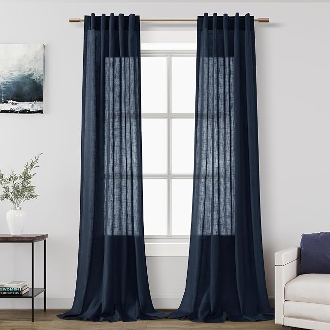 Navy Blue Linen Textured 96 Inch Curtains 2 Panel Set Back Tab Rod Pocket Semi Sheer Boho Room Decor Aesthetic Curtains Indigo Blue Burlap Look Curtain Drapes for Living Room Bedroom 8Ft 40x96 Inch