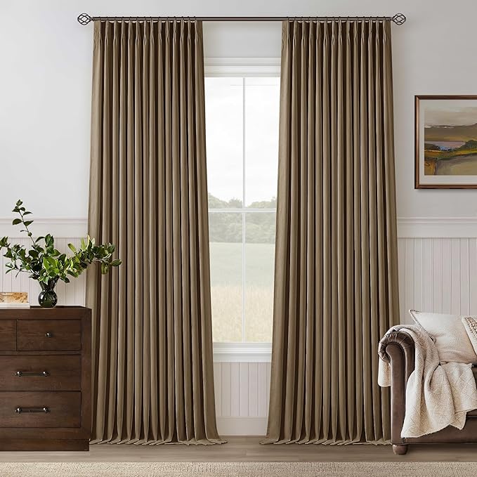 Dark Brown Linen Blackout 120 Inch Curtains for Living Room 2 Panels Set Pinch Pleated Back Tab Drapes Farmhouse Thermal Insulated Full Black Out Curtains 120 Length High Ceiling to Floor Dutch Cocoa