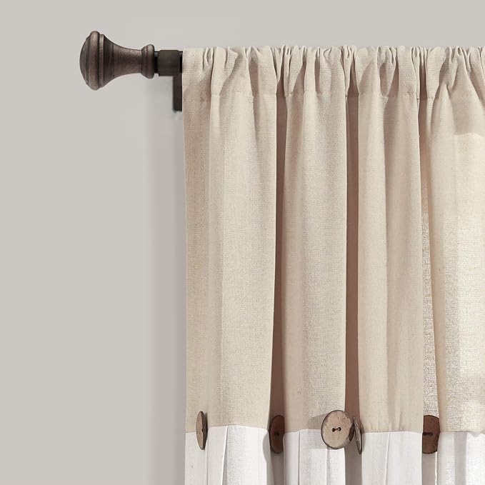 Lush Decor Linen Button Farmhouse Curtains, Single Panel, Pleated Two Tone Design 40"W x 63"L, Linen