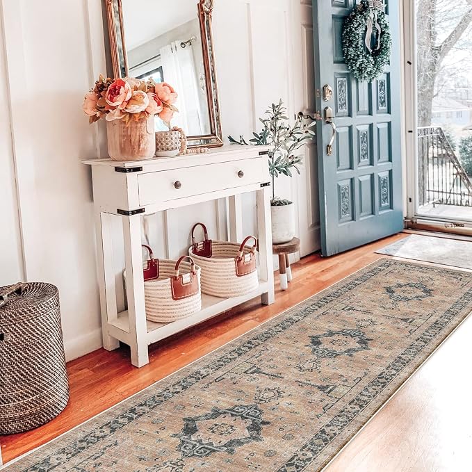 Hallway Washable Runner Rug - 2x7 Kitchen Rugs Entryway Rug Runner Vintage Soft Floor Mat Non Slip Indoor Farmhouse Carpet for Bathroom Living Room Bedroom (2 X 7, Orange)