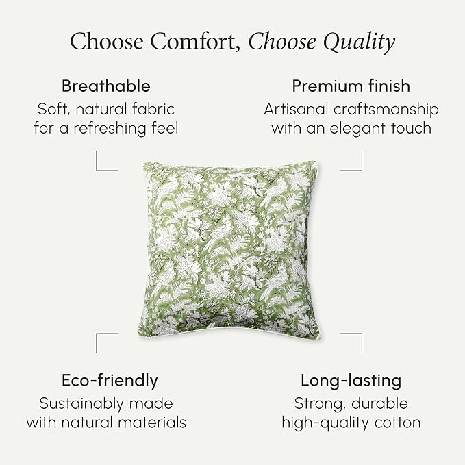 CPC 100% Cotton Throw Pillow Covers 20x20 Inch, Set of 2 Green Block Print Pattern Couch Pillow, Cute Boho Decorative Pillows for Living Room, Bedroom with Hidden Zipper- Olive Green