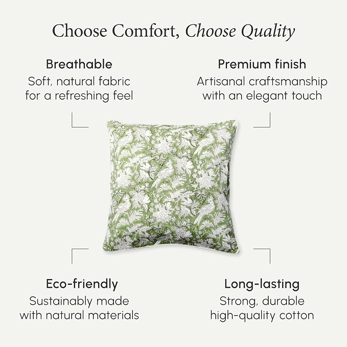 CPC 100% Cotton Throw Pillow Covers 20x20 Inch, Set of 2 Green Block Print Pattern Couch Pillow, Cute Boho Decorative Pillows for Living Room, Bedroom with Hidden Zipper- Olive Green