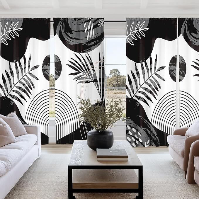 Boho Mid Century Black and White Living Room Curtains, 84 Inch Modern Arch Sun Leaves Light Filtering curtains for Dining Room, Black Gray Abstract Geometric Line Bedroom Curtain, Home Decor, 2 Panels