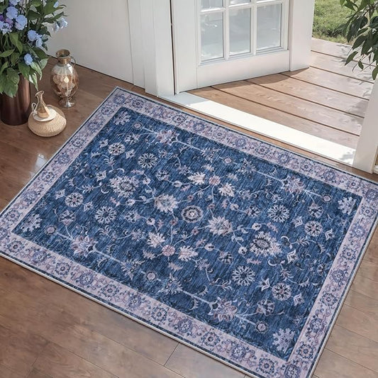 Tangsoo 2x3 Small Throw Rugs for Entryway Washable Entry Rug Non Slip,Vintage Indigo Blue Floral Indoor Rugs Small Carpet Soft Low Pile Boho Door Mat for Entrance Bedroom Kitchen Bathroom Foyer Decor