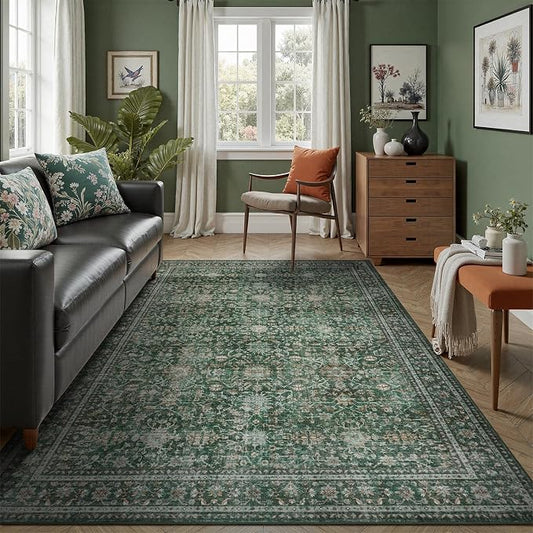 DCX Green 5x7 Rug, Kid & Pet Friendly with Rubber Back Non Slip, Machine Washable Stain Resistant Vintage Traditional Distressed Carpet, Rug for Living Room, Bedroom, Neutral Home Decor