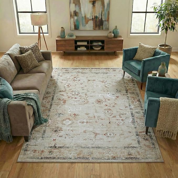 Superior Floral Scroll Washable Runner Rug, Cotton Backing, Carpet for Dining Table Mud Room, Non-Slip Rug for Hallway, Entry, Kitchen, Low Pile Area Rug, Swan Collection, 7' x 10', Cream