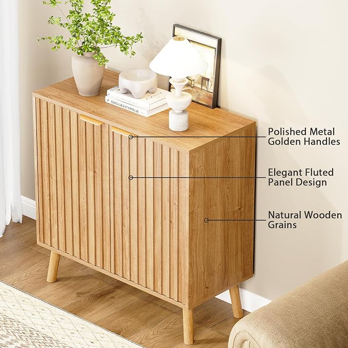 Set of 2 Fluted Storage Cabinet, Buffet Cabinet with Storage, Wood Sideboard with Adjustable Shelf, Modern Accent Cabinet & Console Table for Entryway, Living Room, Dining Room, Natural
