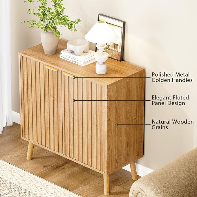 Set of 3 Fluted Storage Cabinet, Buffet Cabinet with Storage, Wood Sideboard with Adjustable Shelf, Modern Accent Cabinet & Console Table for Entryway, Living Room, Dining Room, Natural