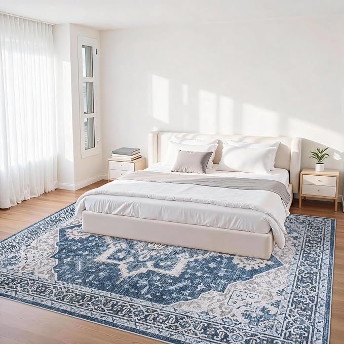 6x9 Area Rugs for Living Room:Blue Washable Vintage Medallion Boho Rug Non-Slip No Slip Stain Resistant Soft Low Pile Large Rugs Indoor Retro Carpet for Bedroom Nursery Dining Office (Blue 6'x9')