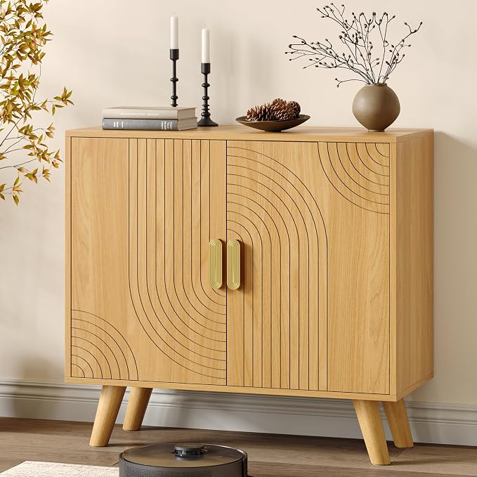 Sideboard Buffet Cabinet with Storage, Line-Grooved Storage Cabinet, Oak | Accent Cabinet with Doors and Adjustable Shelf for Kitchen Dining Living Room Hallway‌ Entryway